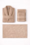 4-Piece Beige Bathrobe Set 100% Cotton Striped Bathrobe, Towels, and Foot Towel (Stone Pattern Mat) - 4
