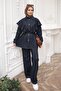 Navy Blue Ruffled Tunic Trousers Denim Suit - 2