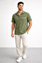 Men's Short Sleeve Woven Shirt with Pocket Embroidery and "More Than Words" on the Back, Khaki