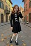 Girl's Crew Neck Sweater with Front Ribbon Detail, Pleated Knitwear, Black Skirt Set - 2