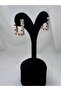 Gold Rectangular Navy Blue Stone Detailed Serenay Leyla Steel Earrings - 7