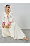 Cream Embroidered Trim V Neck Jalabiya