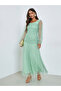 Green Mesh Gathered Long Sleeves Maxi Dress - 3