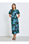 Green Jacquard Puff Sleeve Sheath Midi Dress - 3
