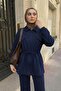 Ruched Lace-Up Navy Blue Double Suit - 4