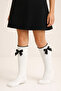 Girl's White Knee-Length Socks with Satin Bow Accessories - 4