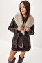 Fur Collared Belted Faux Leather Jacket Lax0006 Mürdüm - 3