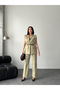 Plus Size Gold Buckle Set Belt in Padded Shoulders Elegant Oversized Vest and Trousers-Green