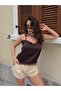 Lace Detailed Strappy Satin Brown Short Women's Blouse 31014 - 6