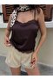 Lace Detailed Strappy Satin Brown Short Women's Blouse 31014 - 2