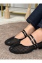 Azurel Women's Double Strapped Blunt Toe Leather Detailed Flat Sole Perforated Ballet Flats - 3