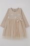 Girl's Long Sleeve Dress with Sequins and Tulle Floral Accessories, Age 1.5-5, Beige