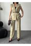 Plus Size Gold Buckle Set Belt in Padded Shoulders Elegant Oversized Vest and Trousers-Green - 2