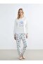 Ecru Crew Neck Christmas Themed Women's Pajama Set (S6)