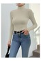 Turtleneck High Neck Ribbed Knit Beige Color Women's Blouse - 3