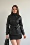 New Season Mock Neck Short Leather Trench Coat