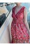 Pink Color Gold and Sequin Detailed Embroidered Madonna Collar Short Sleeve Dress Silk - 2