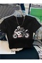 Women's Biker Girl Sitting on a Bike Crew Neck Baby Tee Combed Cotton Cropped Tshirt