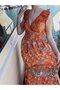Orange Color Gold and Sequin Detailed Embroidered Madonna Collar Short Sleeve Dress Silk - 2