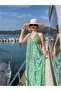 Green Color Stone and Sequin Embroidered Halter Neck Dress Tie-Detail Open Back Silk - 3