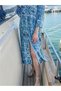 Blue Color Positano Floral Patterned Two Y Side Slit Button Long Shirt Dress - 5