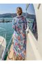 Turquoise Color Positano Coral Patterned Two Y Side Slit Button Long Shirt Dress - 4