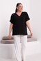 Women's Black Plus Size V-Neck Row Bead Embroidered E Stretchy Short Sleeve V Viscose Blouse - 6