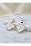 White Marble Patterned Gold Color Square Framed Steel Earrings-Tarnish Resistant