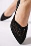 Platform Mesh Evening Dress with Stones on the Edge Heeled Shoes Black Satin - 4