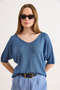 Women's Indigo V-Neck Mercerized Bat D Drapey Knitwear Blouse Blz-19003210 - 5