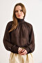 Women's Brown Collar Zipper Back Ruffled Boho Stylish Tulle Blouse Blz-19003246 - 3