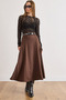 Women's Brown Zippered Belt Pack Poly Viscose Drapey A-Line Skirt Etk-19000408