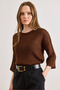 Women's Bitter Brown Hair Knit Lace-Like Knit Loose Fit Transitional Knitwear Blouse Blz-19003225