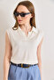 Women's Ecru Polo Collar Viscose Content D Drapey Knitwear Blouse Blz-19003249