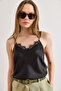 Women's Black Adjustable Strap Lace Detailed Tok Satin Blouse Blz-19003247