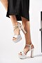 Meter Bant Cross Stone Platform Women's Heeled Evening Dress Shoes Silver Satin - 3