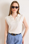 Women's Ecru Polo Collar Viscose Content D Drapey Knitwear Blouse Blz-19003249 - 4