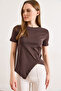 Women's Brown Drape Detailed Asymmetrical Cut Cotton T-Shirt Tsh-19000947 - 3