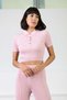 Pink Women's Polo Neck Short Sleeve Corded Fabric Viscose Knitwear Blouse