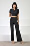 Anthracite Women's Polo Neck Short Sleeve Corded Fabric Viscose Knitwear Blouse - 7
