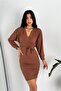 Women's Belted Double-Breasted Collar Knitted Dress Dpkklf47
