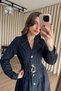 Blue Seam Detail Pleated Belt Li Double-Breasted Collar Jeans Shirt Dress - 5
