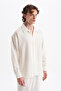 Men's Koton Linen Blended Long Sleeve Apaj Collar Shirt, Elastic Waist Pants Set - 3