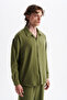 Men's Koton Linen Blended Long Sleeve Apaj Collar Shirt, Elastic Waist Pants Set - 3