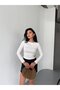Women's Crew Neck Long Sleeve Accessory Detail Scuba Fabric Blouse - 2
