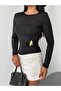 Women's Crew Neck Long Sleeve Accessory Detail Scuba Fabric Blouse - 2