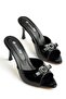 Women's Stiletto Heel U t Slipper Black Shiny Leather Bow Tie