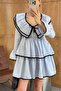 Black Piped Blue Striped Dress - 5