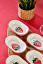 Çilek Patterned Ceramic Oval Snack Bowl Set of 6 Breakfast Sauce Bowl Presentation Bowl 13X9 cm - 6