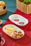 Çilek Patterned Red Edged Ceramic Breakfast Presentation Plate - Set of 2 Oval Boat Shaped Colorful Snack Plates - 2